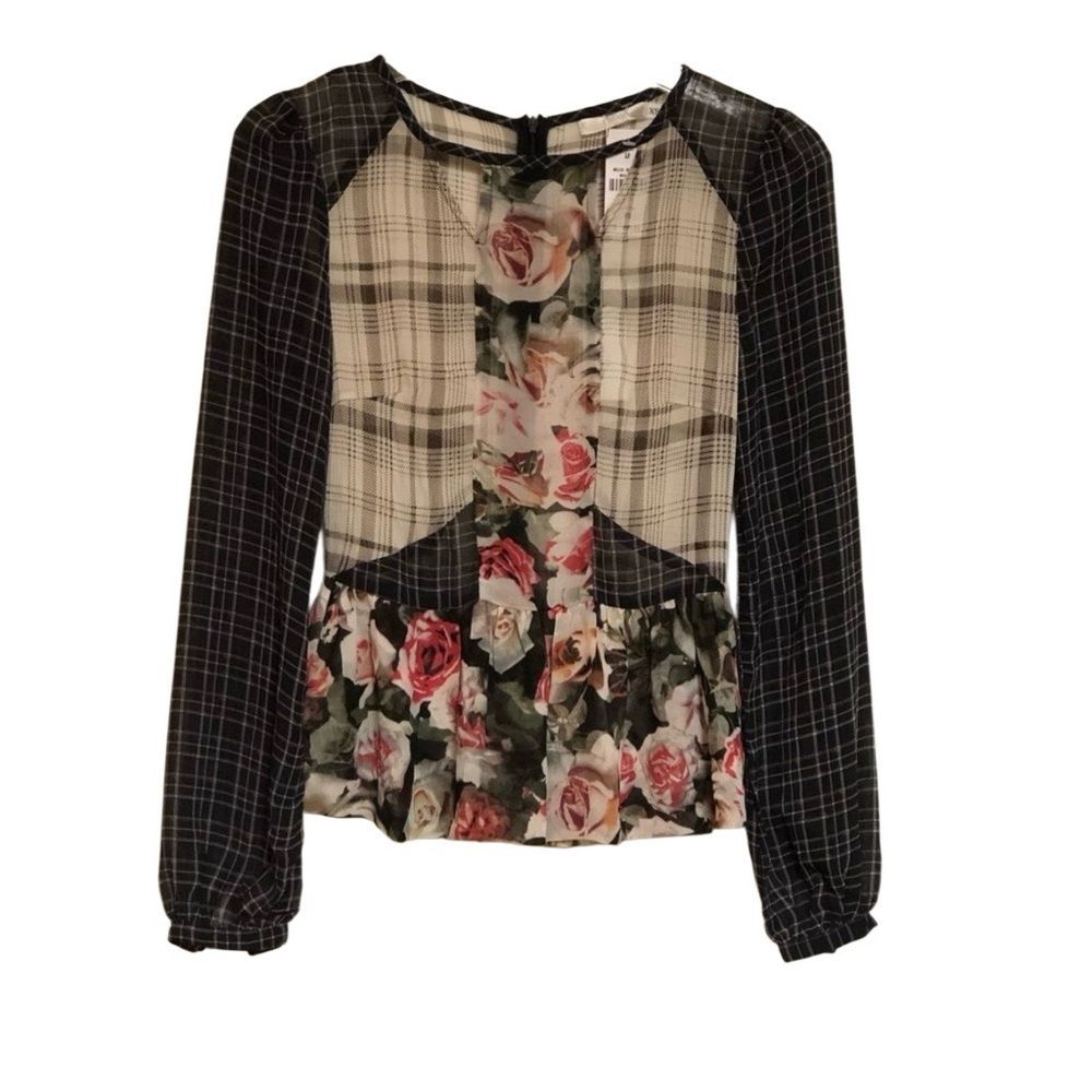 Whimsigoth Plaid Floral Chiffon Sheer Brown Black Long Sleeve Ruffle Top Xs